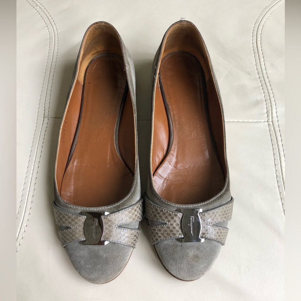 Salvatore Ferragamo Gray Suede Flats with Silver Hardware